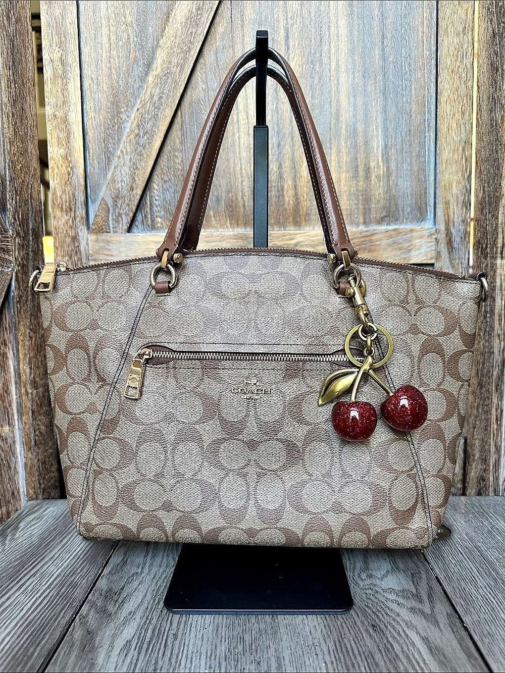 Coach Prairie Satchel Tote Signature Canvas in Brown Tan with Coach Cherry Charm